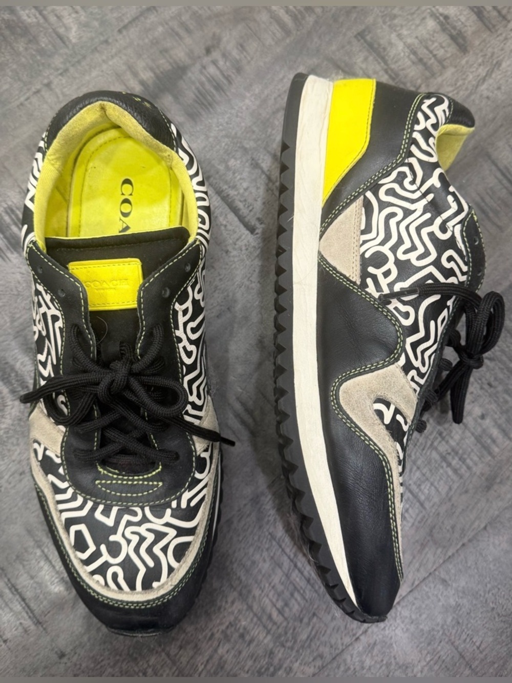Coach Black & White Graphic Sneakers with Neon Yellow Details - Picture 1 of 6